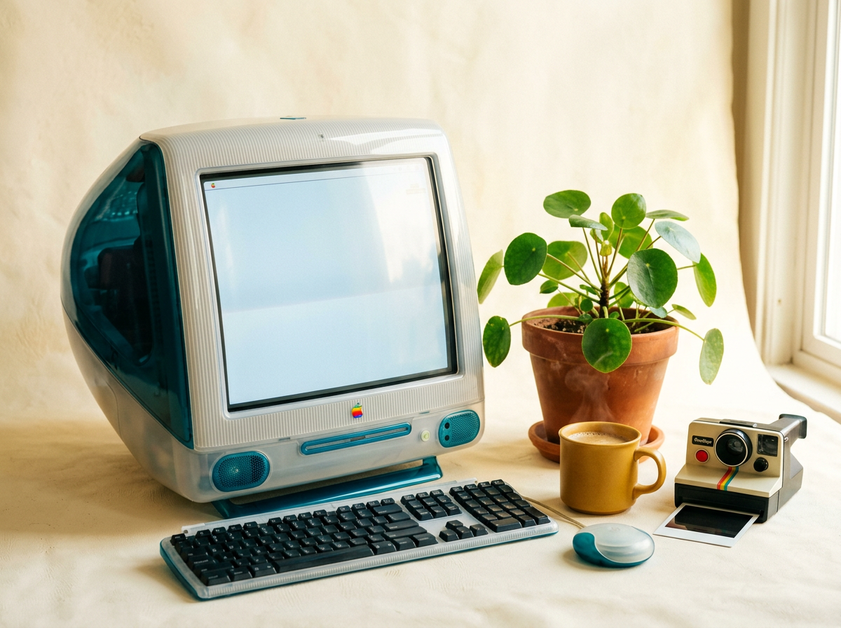 An editorial desk with vintage Macintosh and notebook