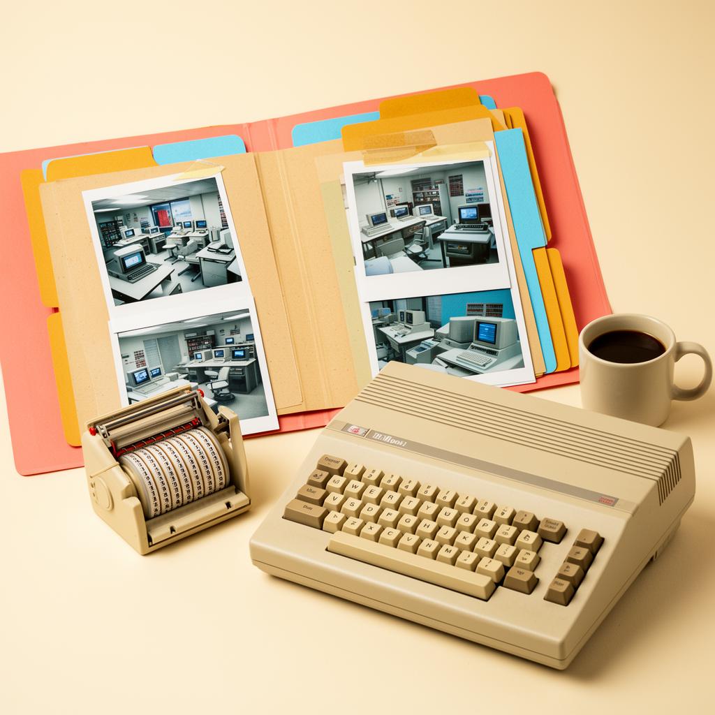 Editorial illustration of a 1990s case-study archive — folder, polaroids and beige keyboard
