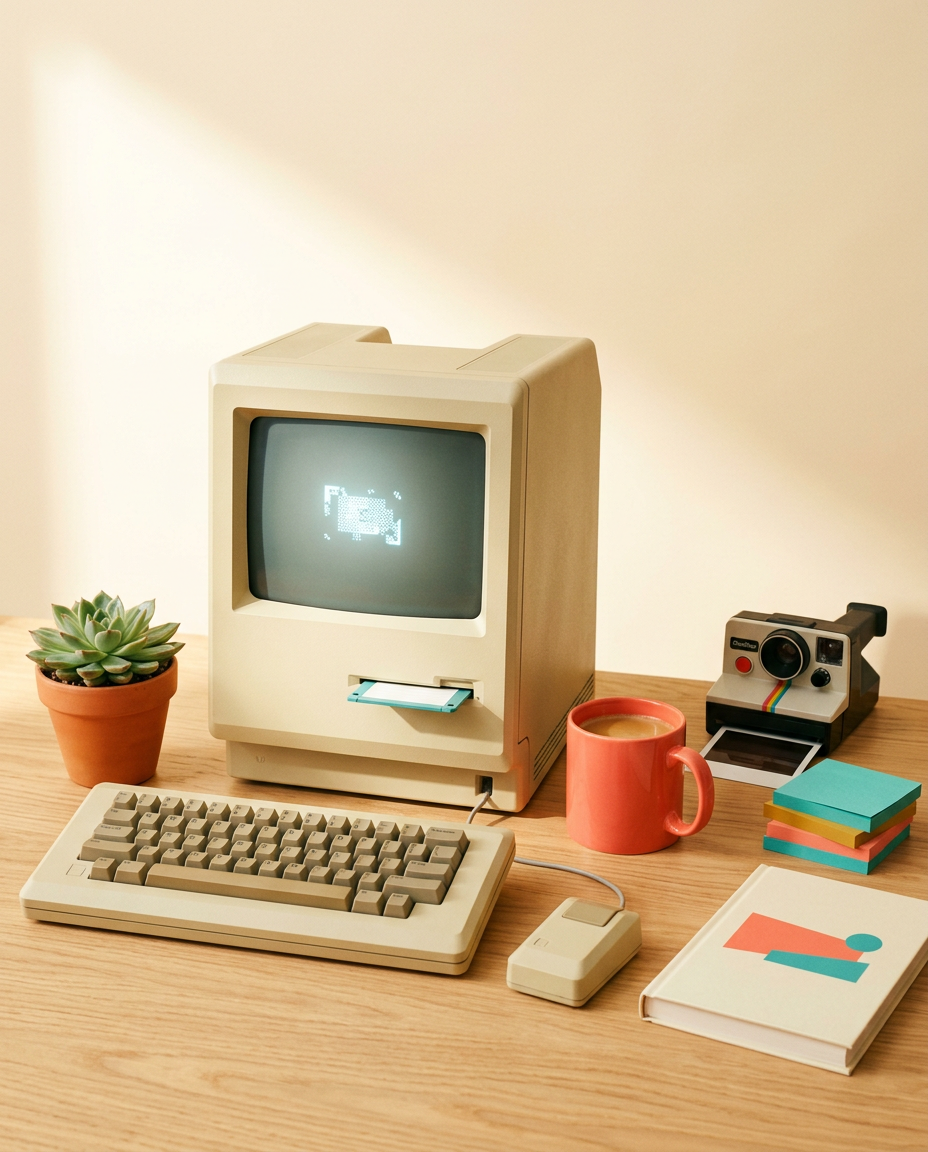 A vintage Macintosh and houseplant on a sunny cream backdrop